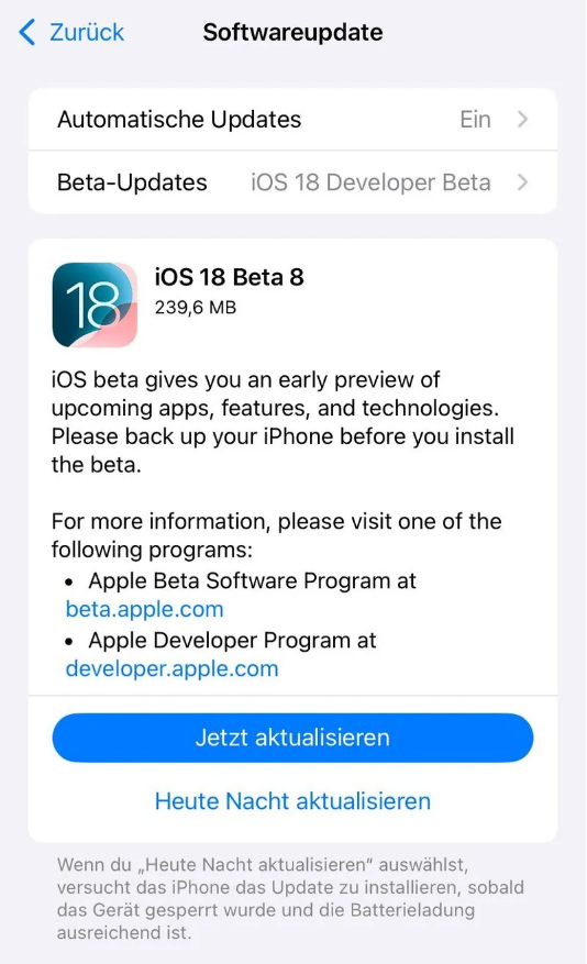 阿城苹果手机维修分享苹果 iOS / iPadOS 18 开发者预览版 Beta 8 发布 